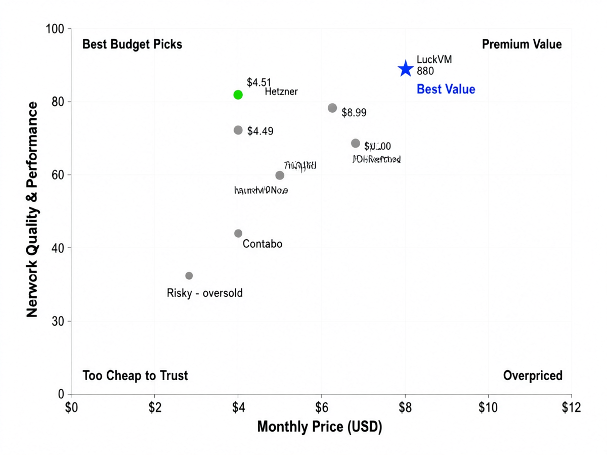 Scatter plot chart showing VPS providers by price on X-axis and network/performance quality on Y-axis. LuckVM positioned in the premium value quadrant at $8.80 with high quality score, while ultra-cheap providers cluster in the bottom-left low-quality corner.
